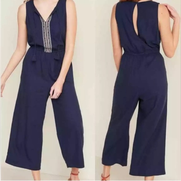 Old Navy Women’s Jumpsuit Small Embroidered Linen Blend Navy Blue  Boho - Picture 1 of 8